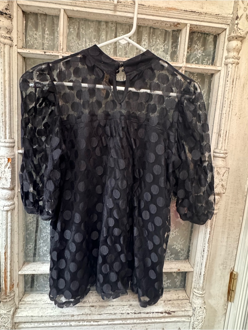 Sheer Black Polka Dot Puff-Sleeve Blouse